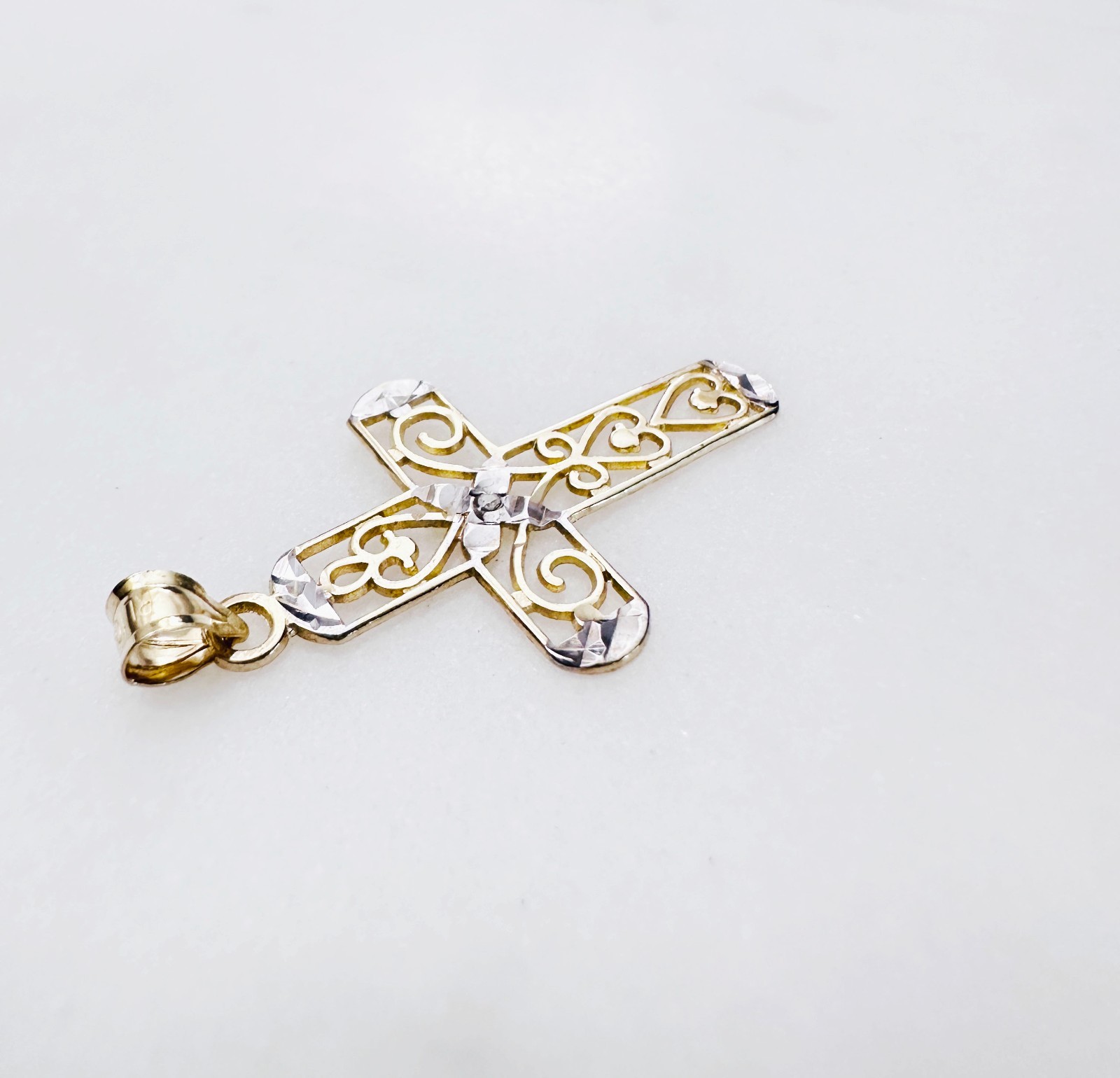 Solid 10K Multi-Tone Gold Filigree Cross Pendant w/White Sapphire Accent, 1.15″