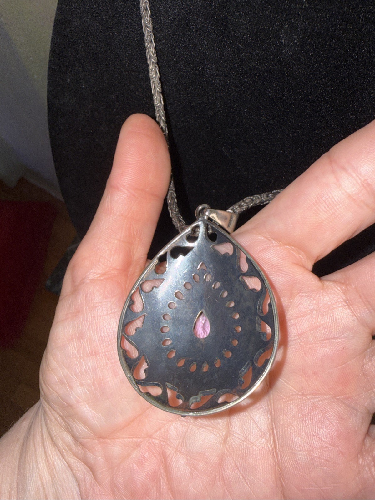 DP Oxidized Sterling Silver Large Tear Drop Amethyst Pendant Necklace India 18”