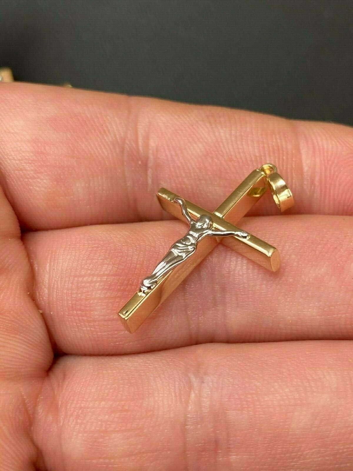 Mens Solid 14k Yellow & White Gold Cross W. Jesus Pendant 1.25″ 1.2gr Necklace