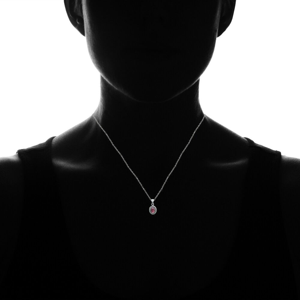 Oval Simulated Cabochon Garnet Thick Oxidized Bali Dainty Necklace in 925 Silver