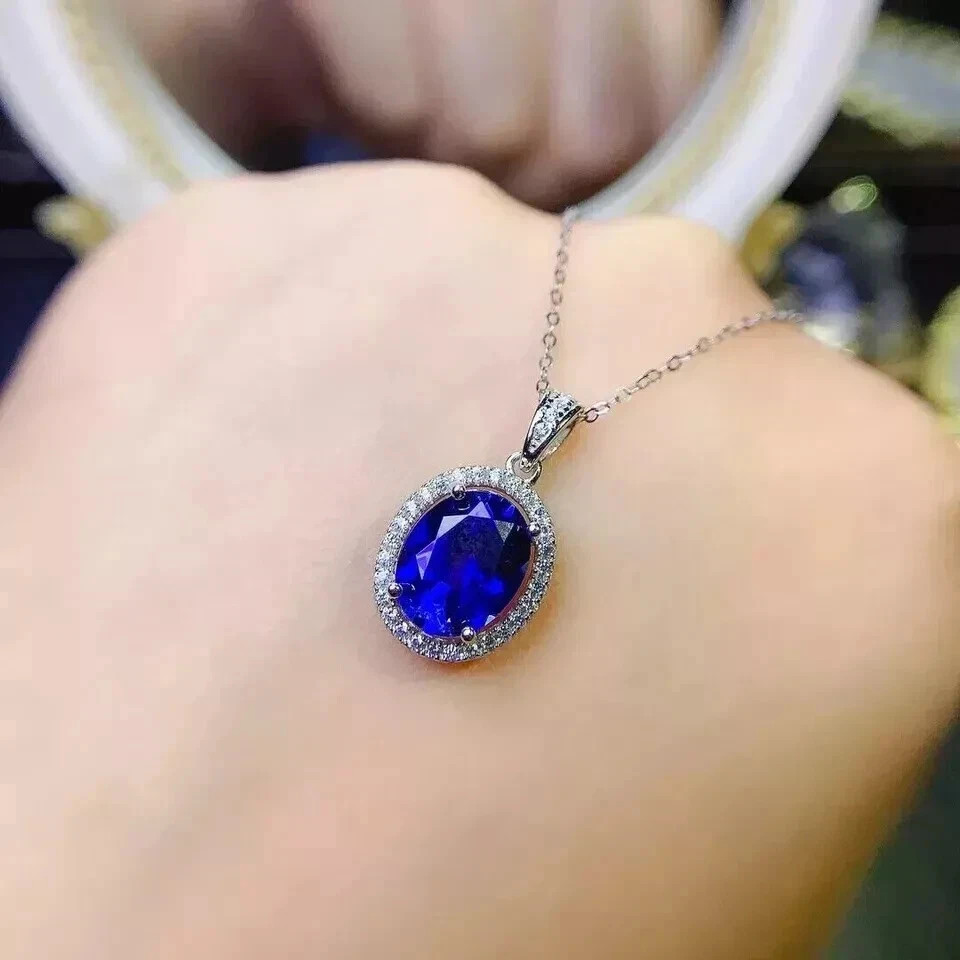 4.80Ct Oval Cut Natural Blue Sapphire & Diamond 14K White Gold Luxurious Pendant