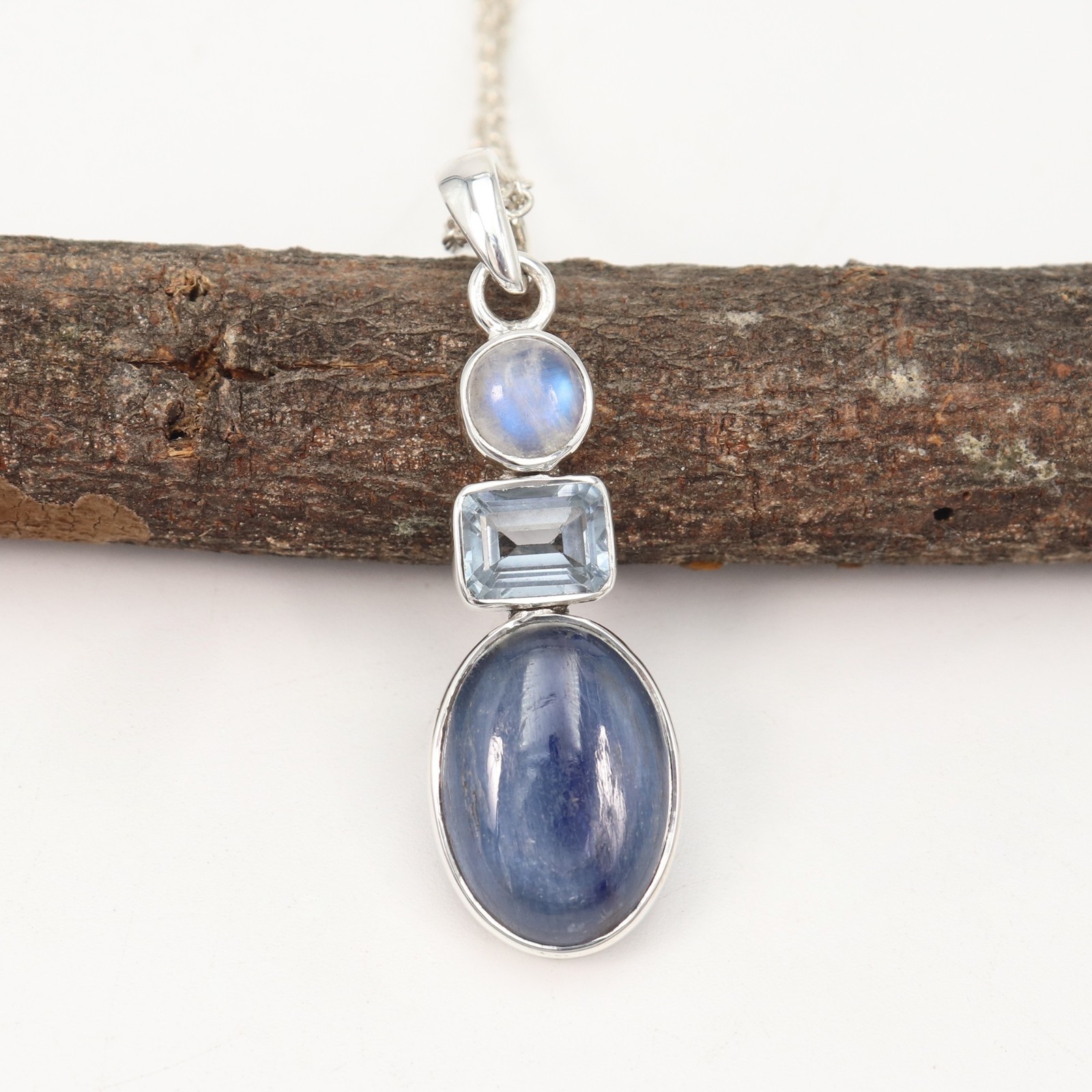 925 Sterling Silver Kyanite Moonstone Blue Topaz Multi Gemstone Necklace