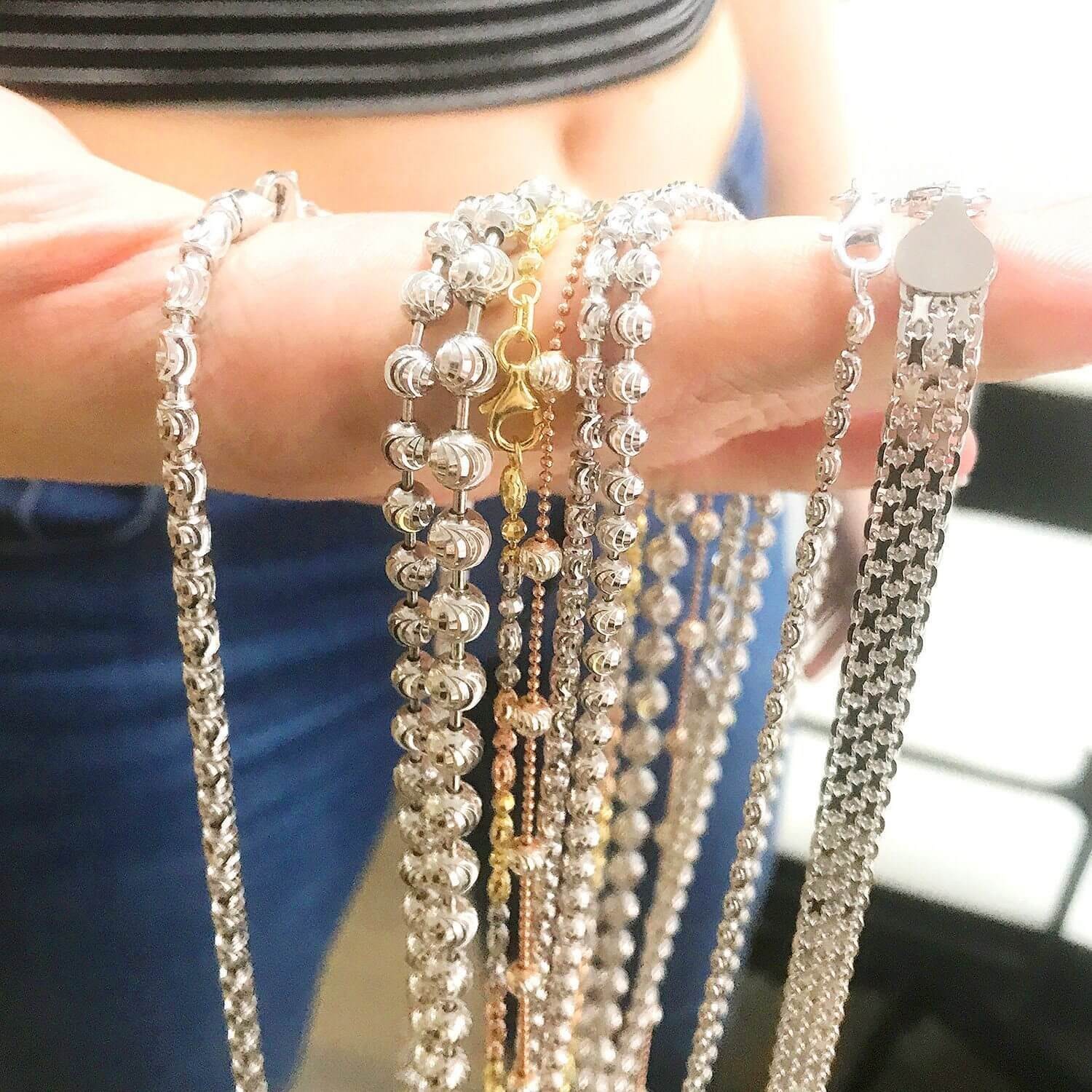 925 Silver 2mm-4mm White Half Moon Cut Oval Barrel Beaded Chain Necklace 18″-26″