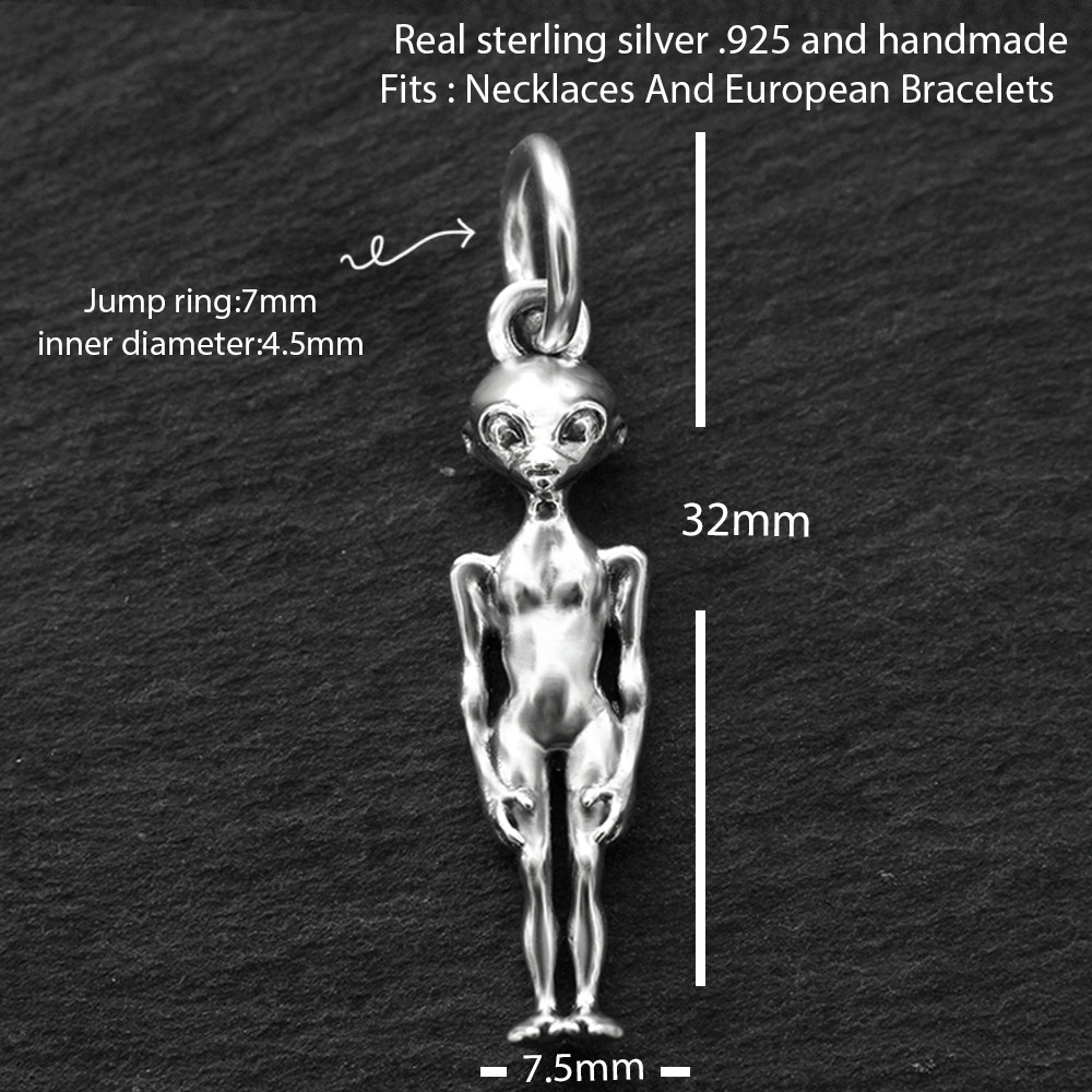 925 Sterling Silver 3D Alien Men Pendant Charm Space Sci-Fi Cosmic Travel Gift