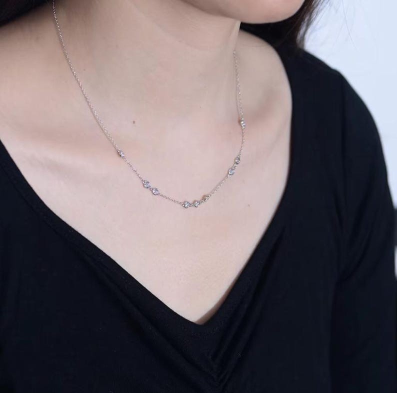 18 INCH By the Yard Station Necklace Round Natural Diamond 14k Solid White Gold