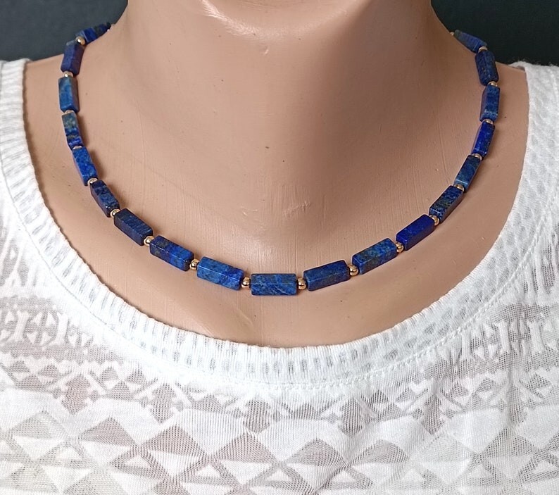 Natural Blue Lapis Lazuli Rectangle Shape Gemstone Bead 18″ Handmade Necklace
