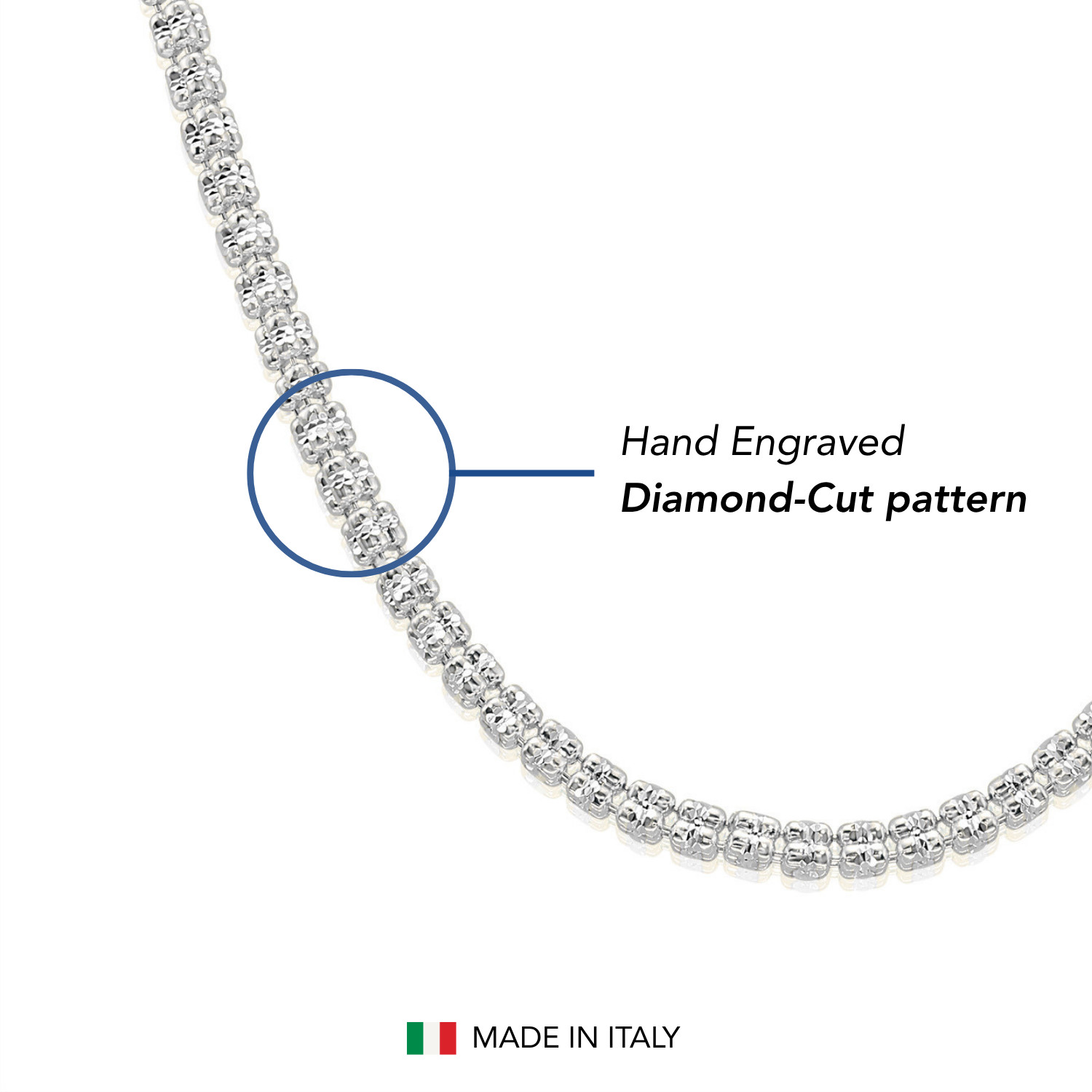 Solid 925 Sterling Silver 3mm Diamond-Cut Ice Chain Italian Necklace 18″-24″