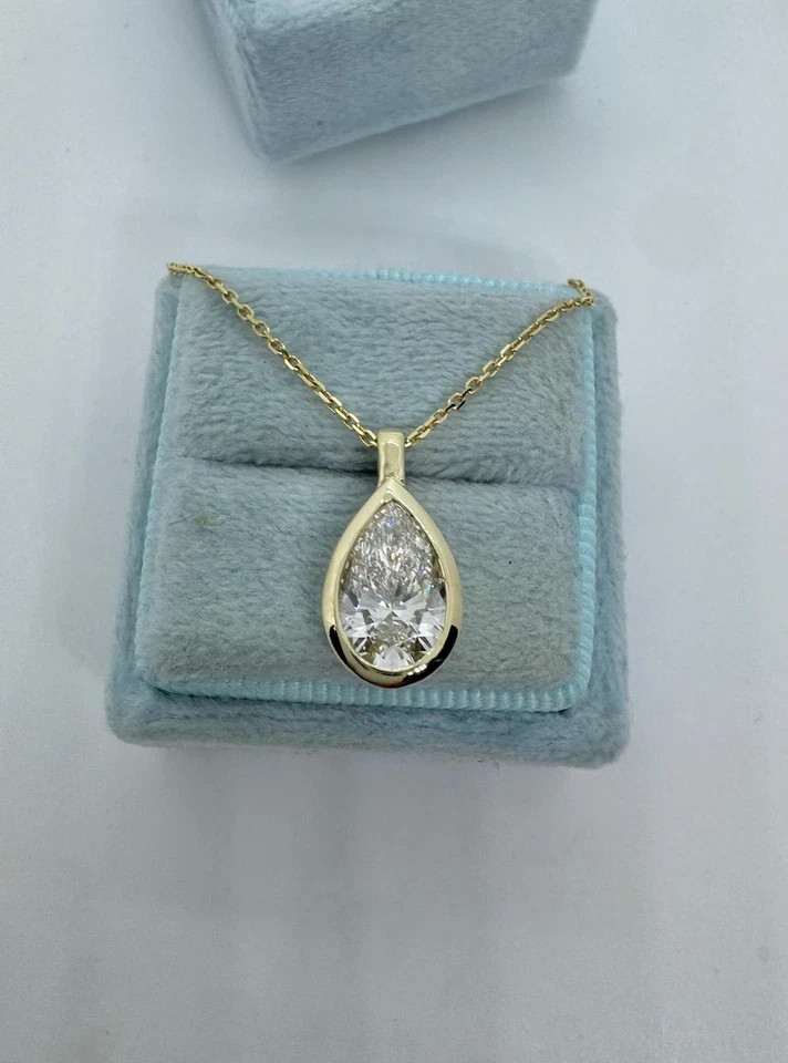 2Ct Pear Cut Moissanite Tear Drop Bezel Solitaire Pendant 14K Yellow Gold Plated