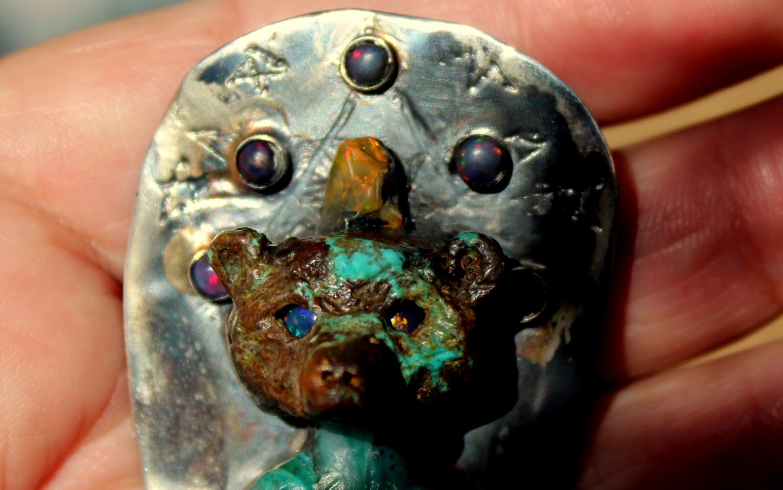 Magnificent LARGE Old Sterling Silver & Carved Jade & Opals FEMALE BEAR Pendant