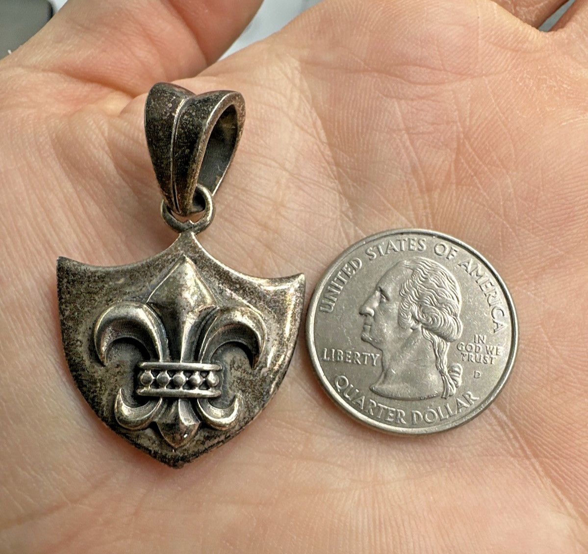 Vtg Sterling Silver Reversible Fleur De Lis Cross Pendant Shield Crest 18g 1.5”