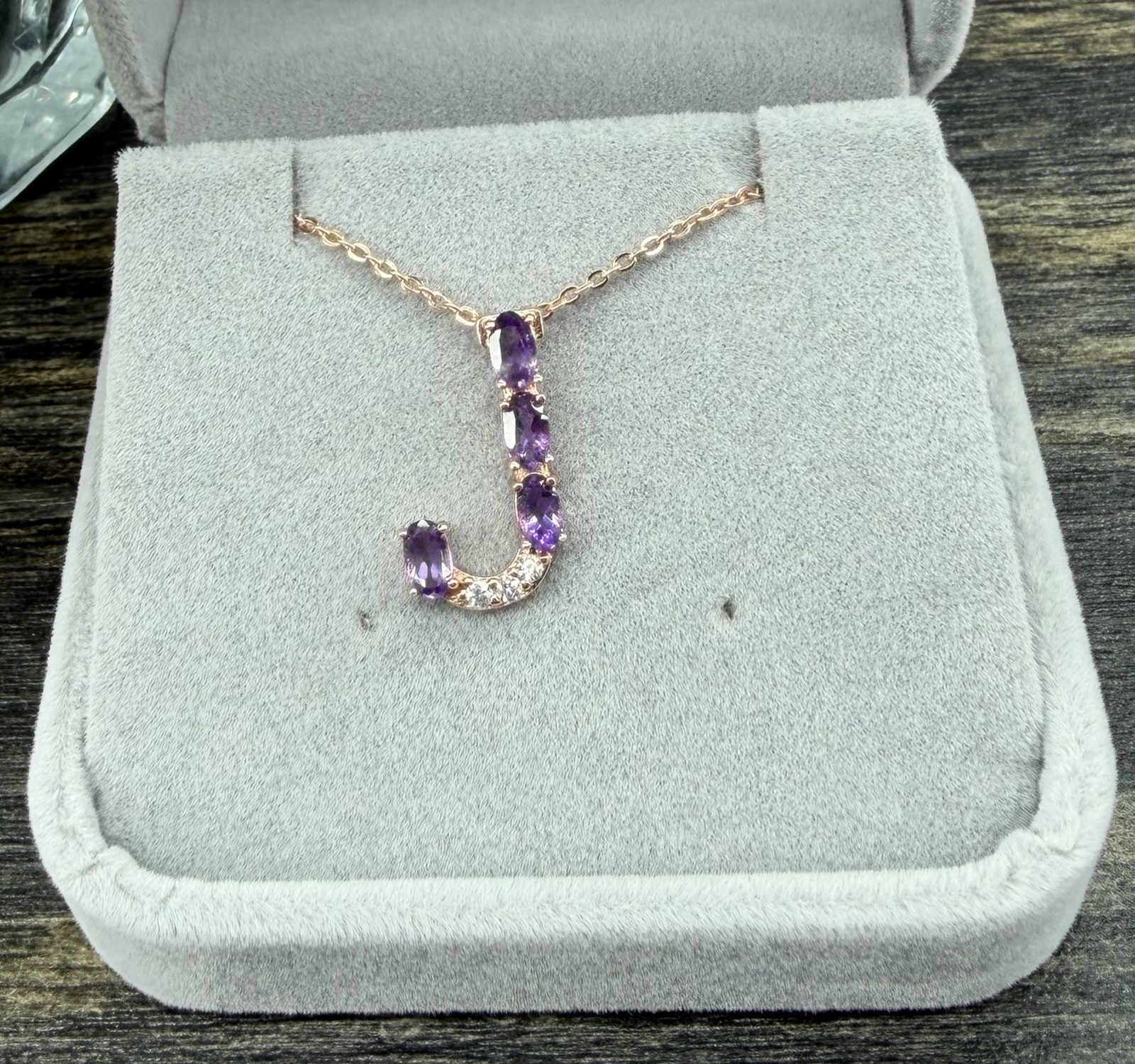 Stunning Natural Purple Amethyst Initial J -18K Rose Gold Pendant/Necklace 20 in