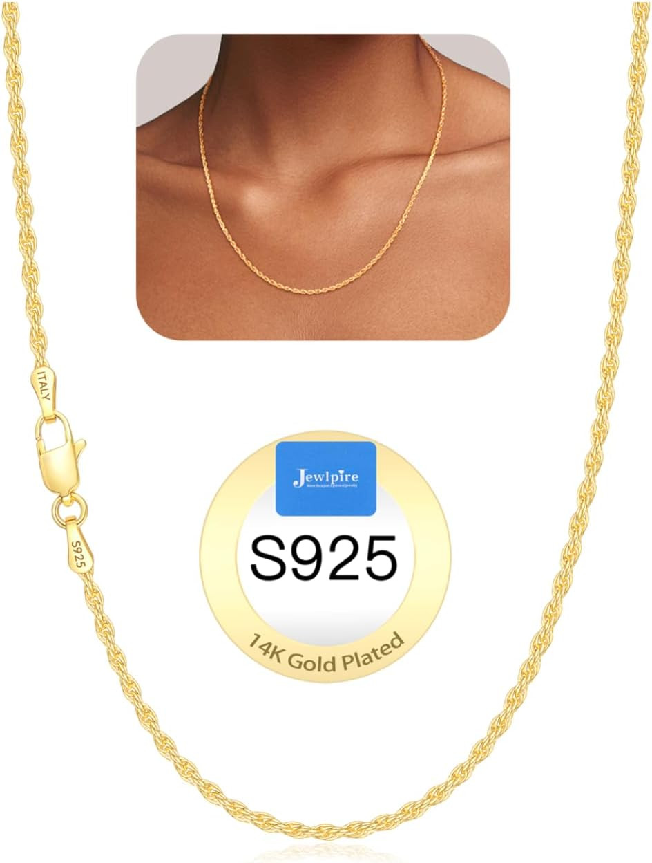 2mm Rope Chain 925 Sterling Silver Chain Necklace for Women, 14K Gold Plated …