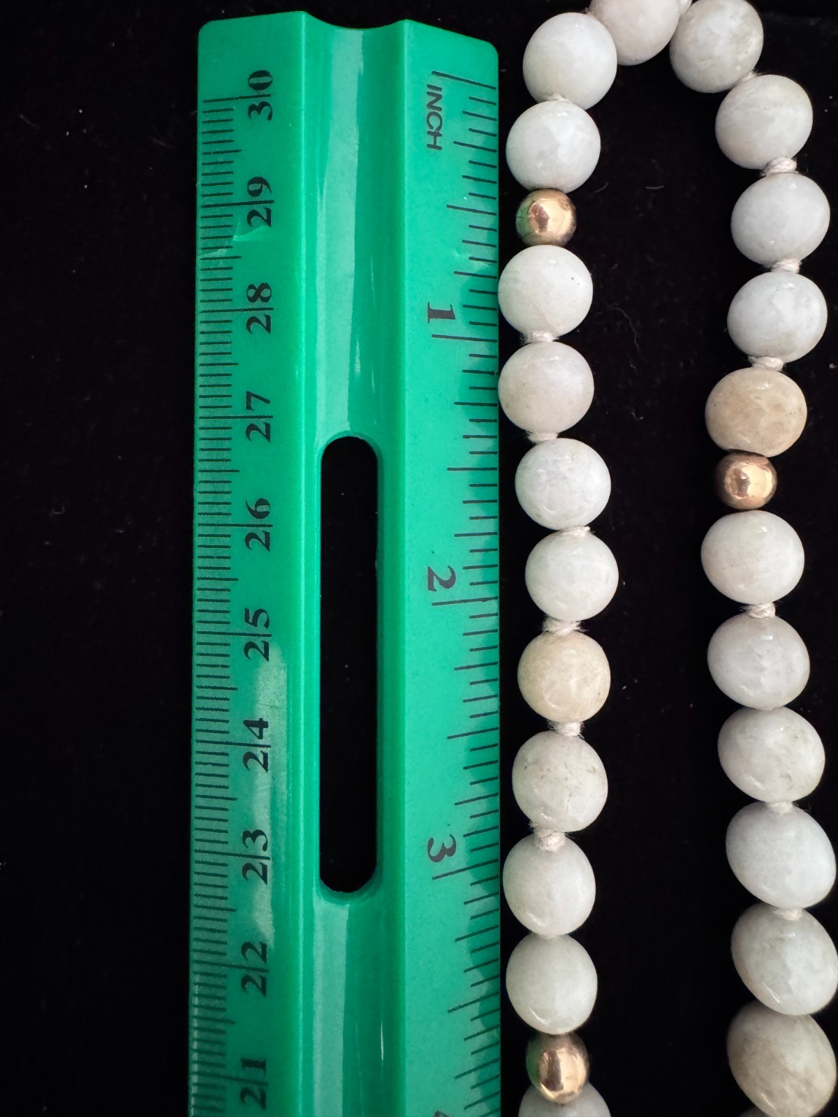 Vintage 33″ White Celadon Jade Bead Necklace 14K Gold Accents Hand Knotted 109g