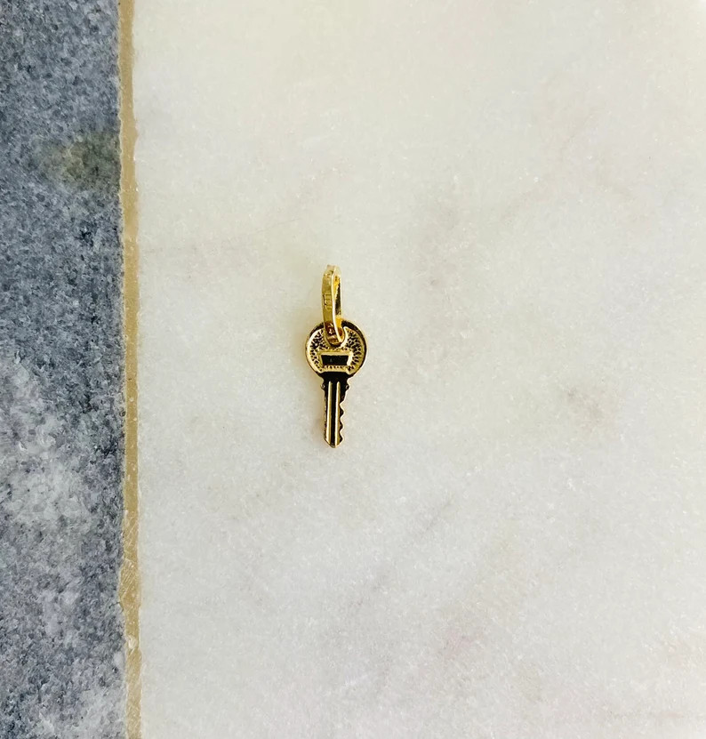 14K Solid Gold 17mm x 6mm Small Key Charm Pendant, 14K Solid Gold Key- PT465