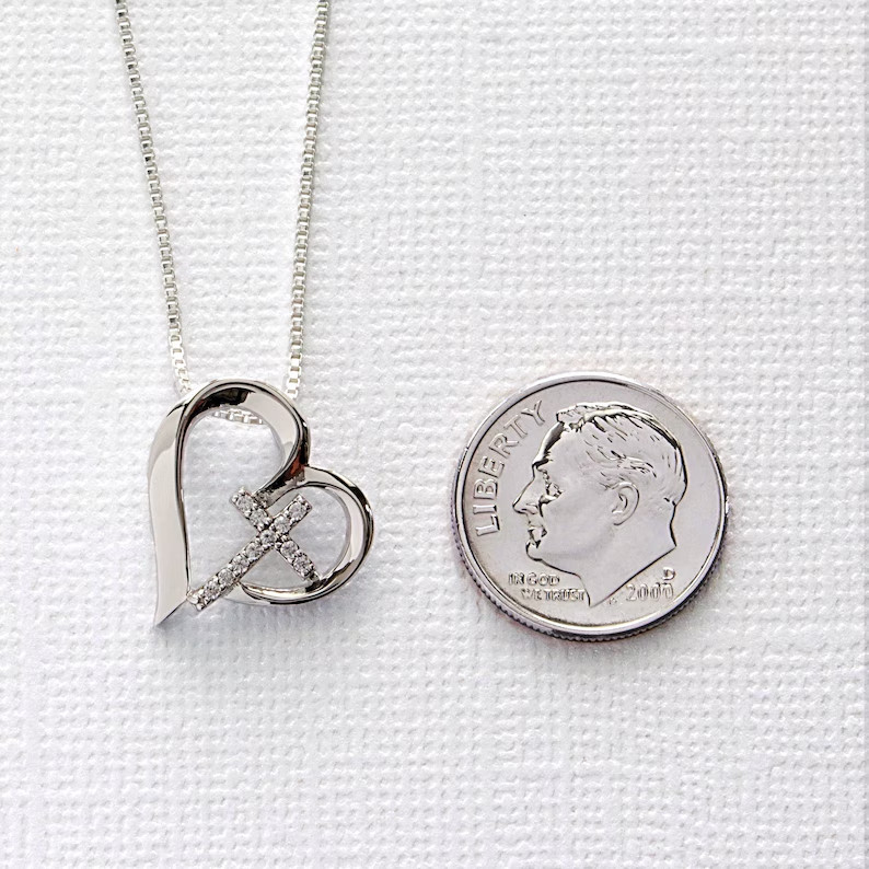 925 Silver 1.00 Ct Lab Created Diamond Cross and Heart Necklace White Gold Over