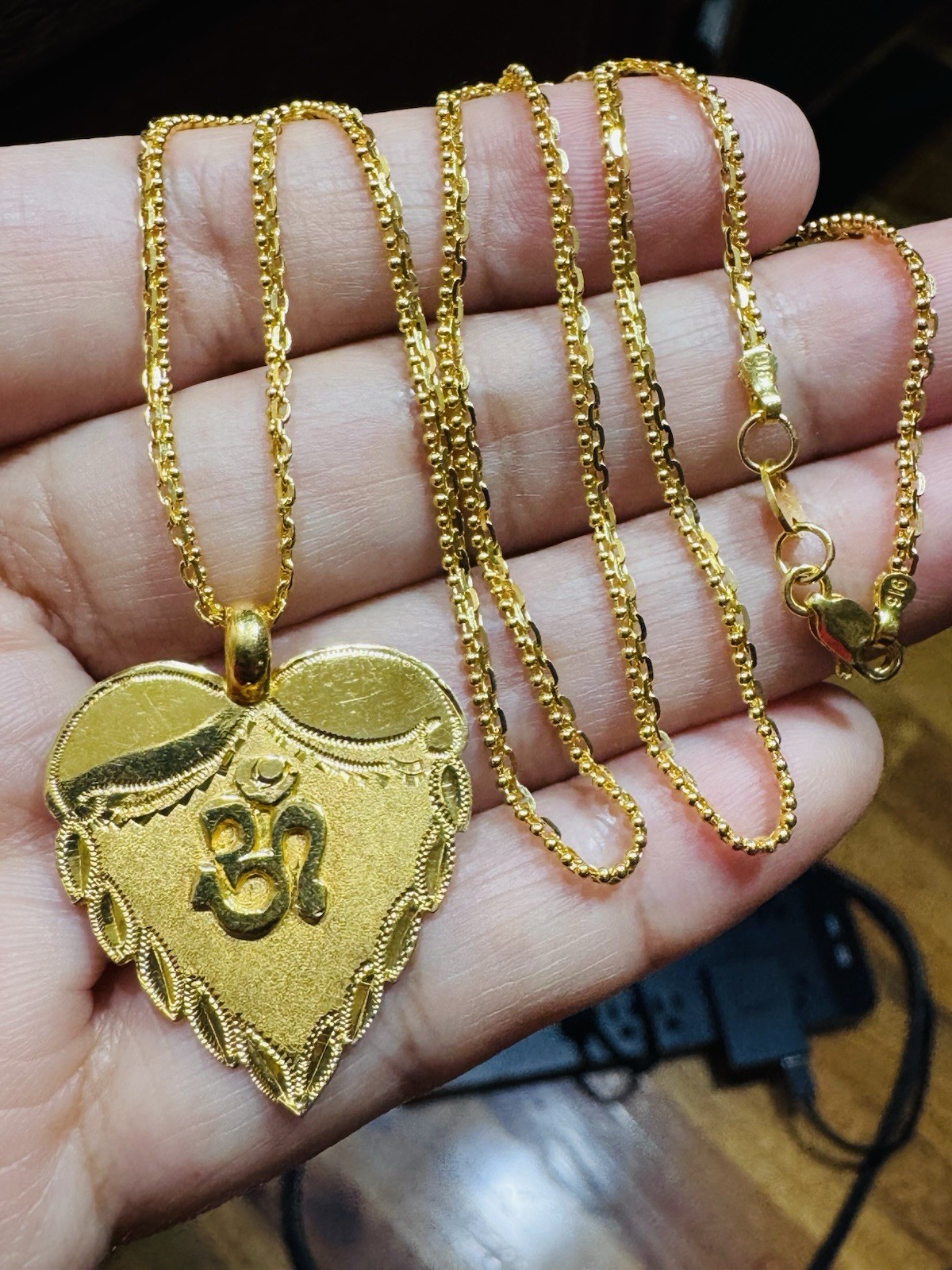 Saudi Dubai 22K Solid 916 Real Gold Heart Sikh Set Necklace 20” Long 9.0g 2.2mm