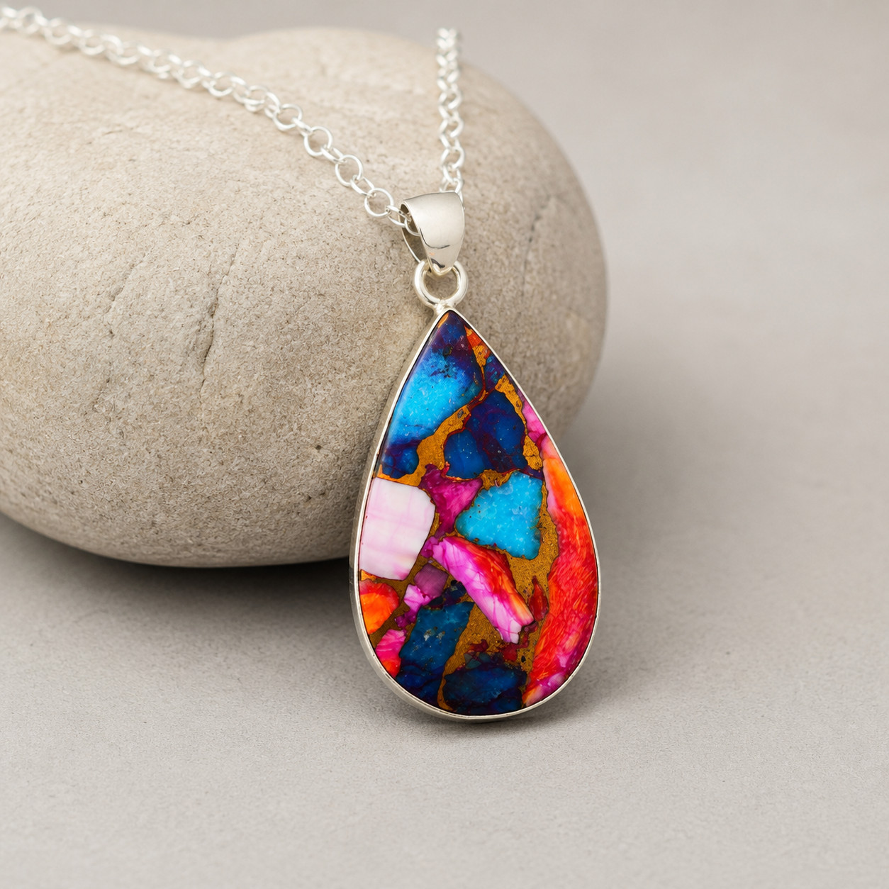 Kingman Spiny Oyster Turquoise Teardrop Pendant Necklace 925 Silver Free Chain