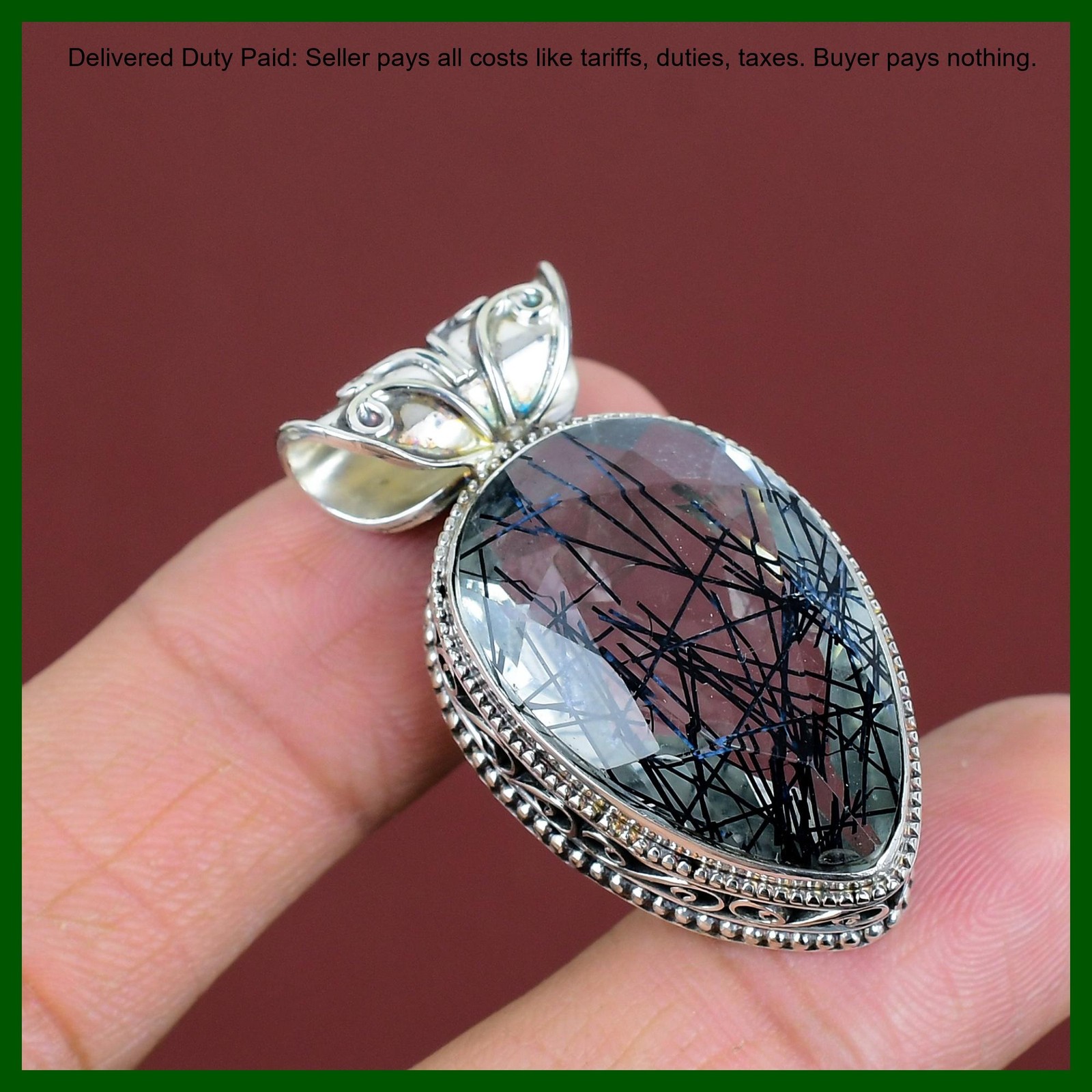 925 Silver Black Rutile Gemstone Engagement Vintage Handcrafted Bezel Pendant