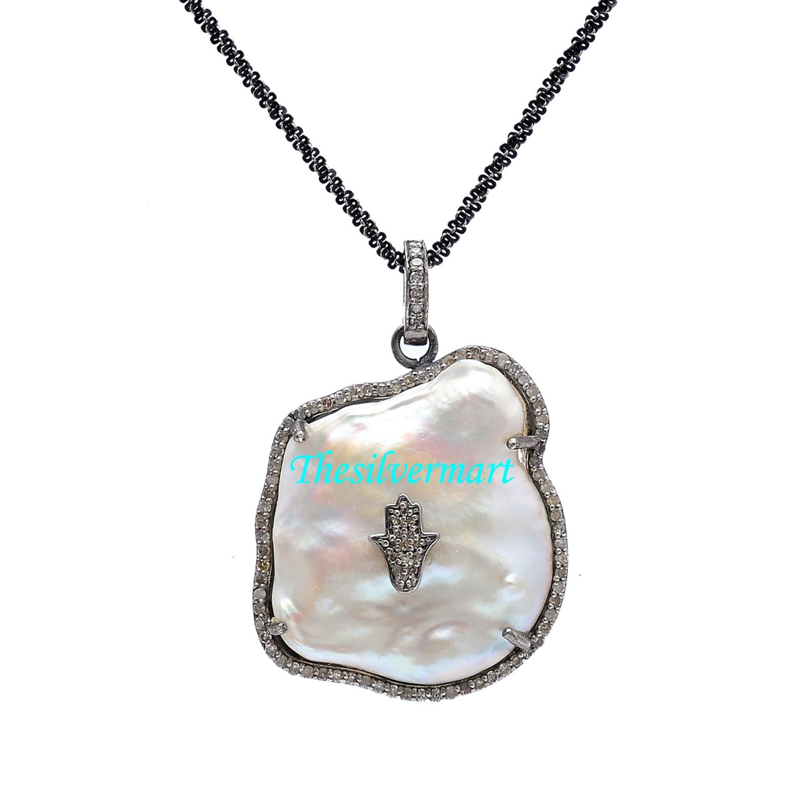 Baroque Pearl Pave Diamond Silver Pendant,Pave Diamond Pendant,Hamsa Pendant