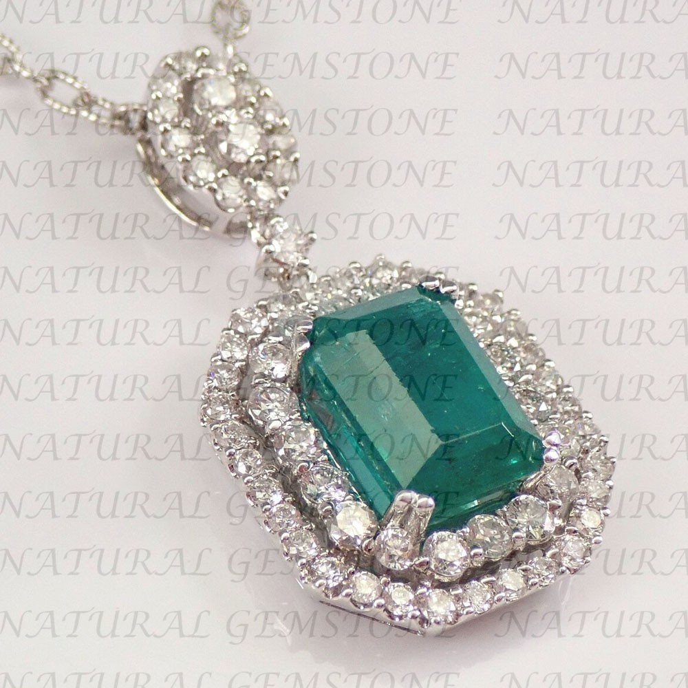 7Ct Emerald Cut Natural Green Emerald and Diamond Pendant 18K White Gold Plated