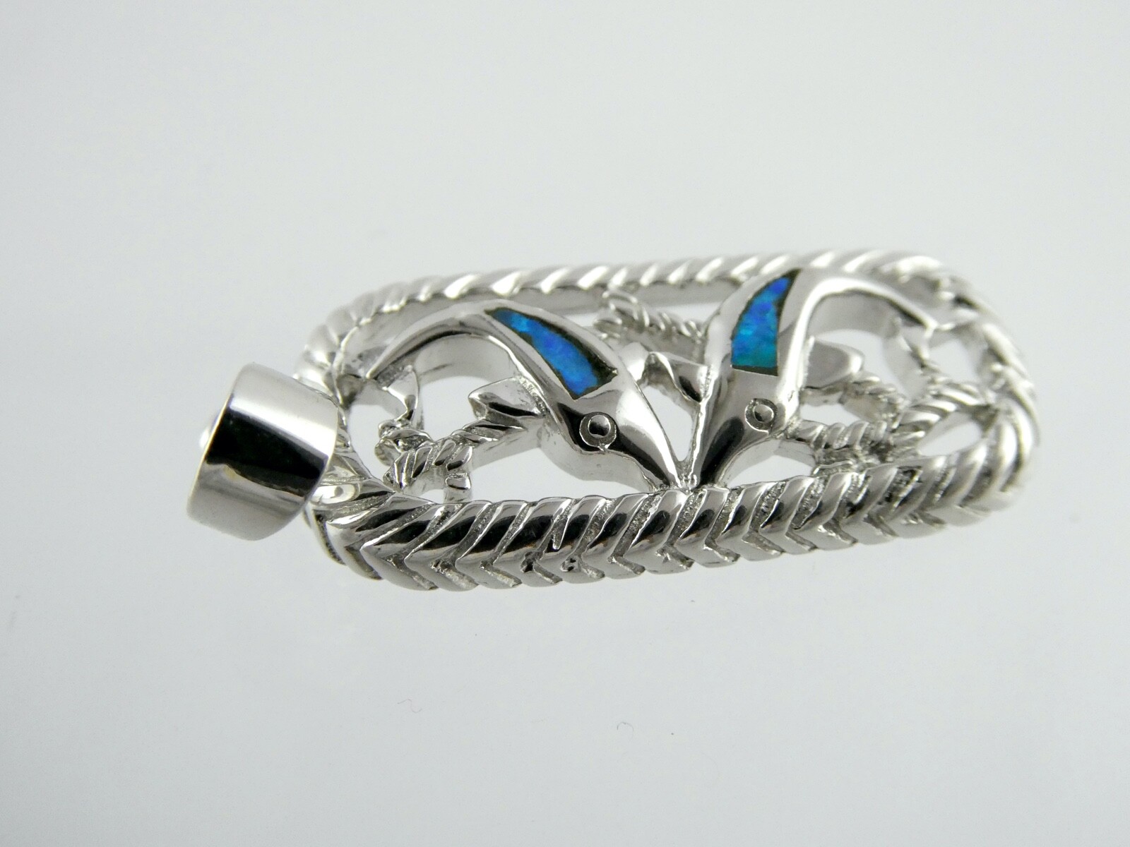 Sterling Silver Simulated Blue Opal Inlay Two Dolphin Pendant 925 5.3g 1 3/8 In
