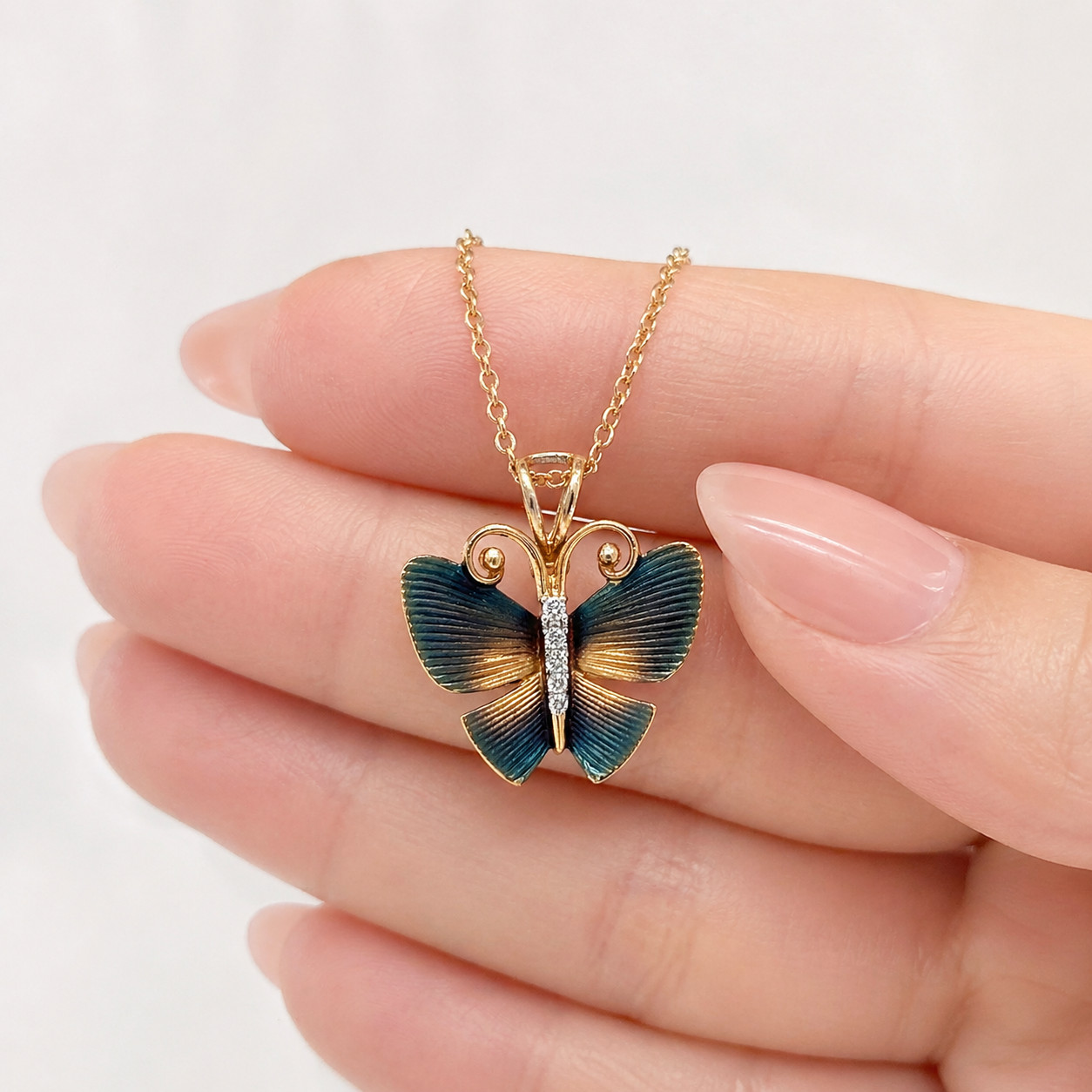 Natural Diamond Butterfly Pendant Necklace 14K Yellow Gold, Diamond Necklace