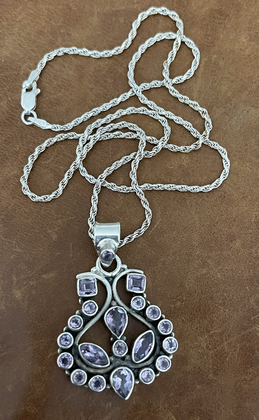 Vintage Amethyst Cluster Pendant Twisted Rope Chain Sterling 925 Necklace 20” in