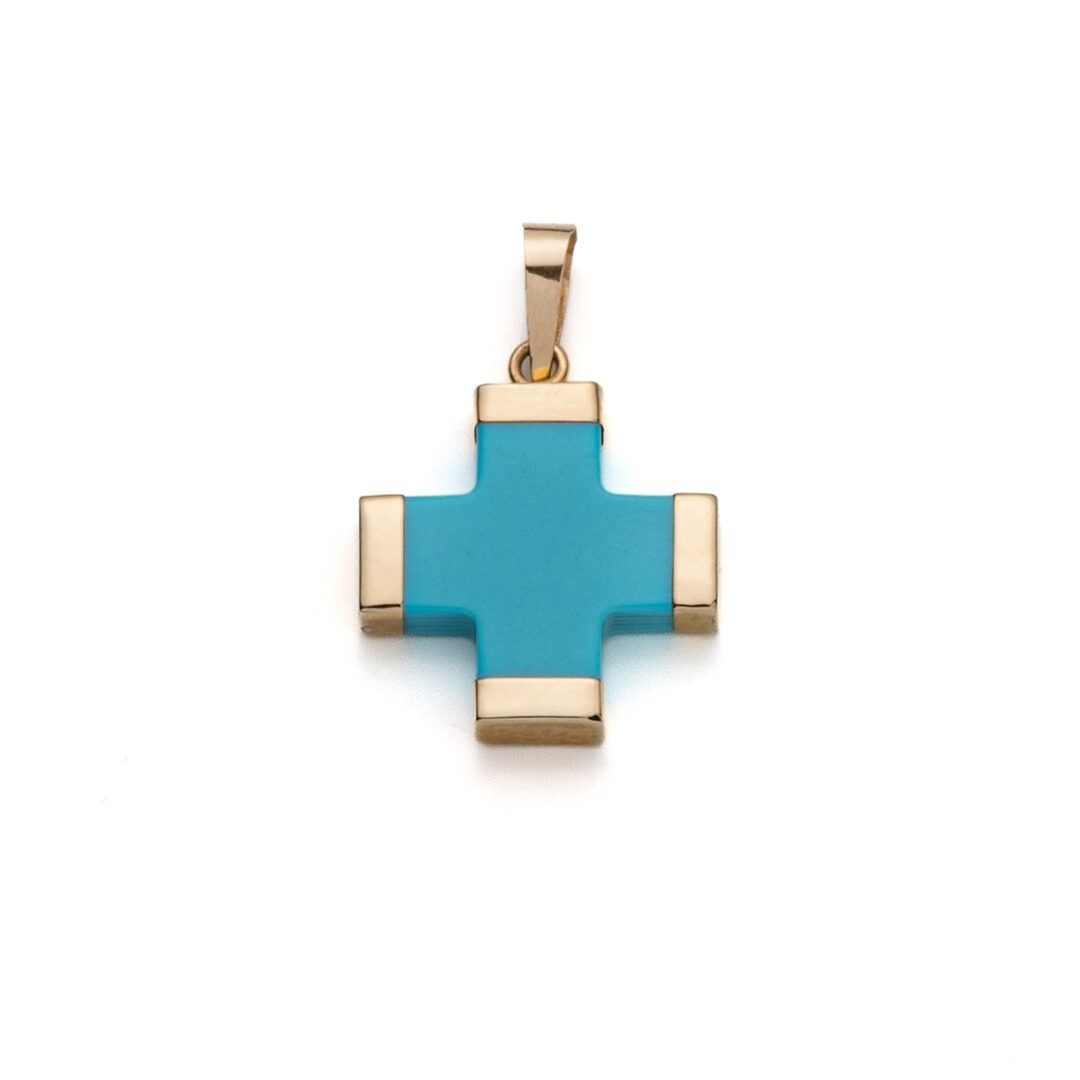 14K Gold Turquoise Cross Pendant, Greek Handmade Jewelry