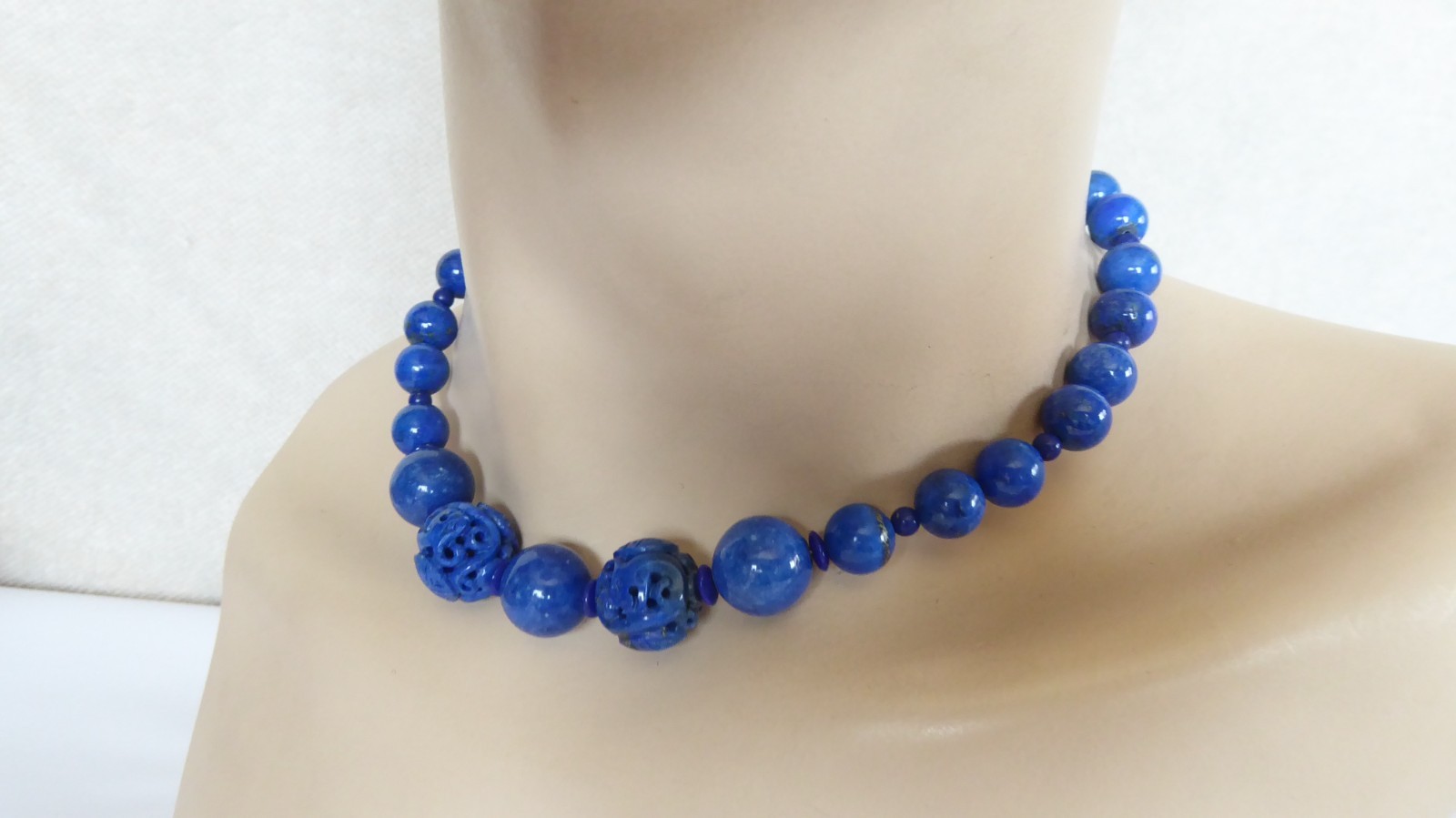 Carved Lapis Lazuli Bead Statement Necklace 15″ long 15mm & 9mm Round beads Asia