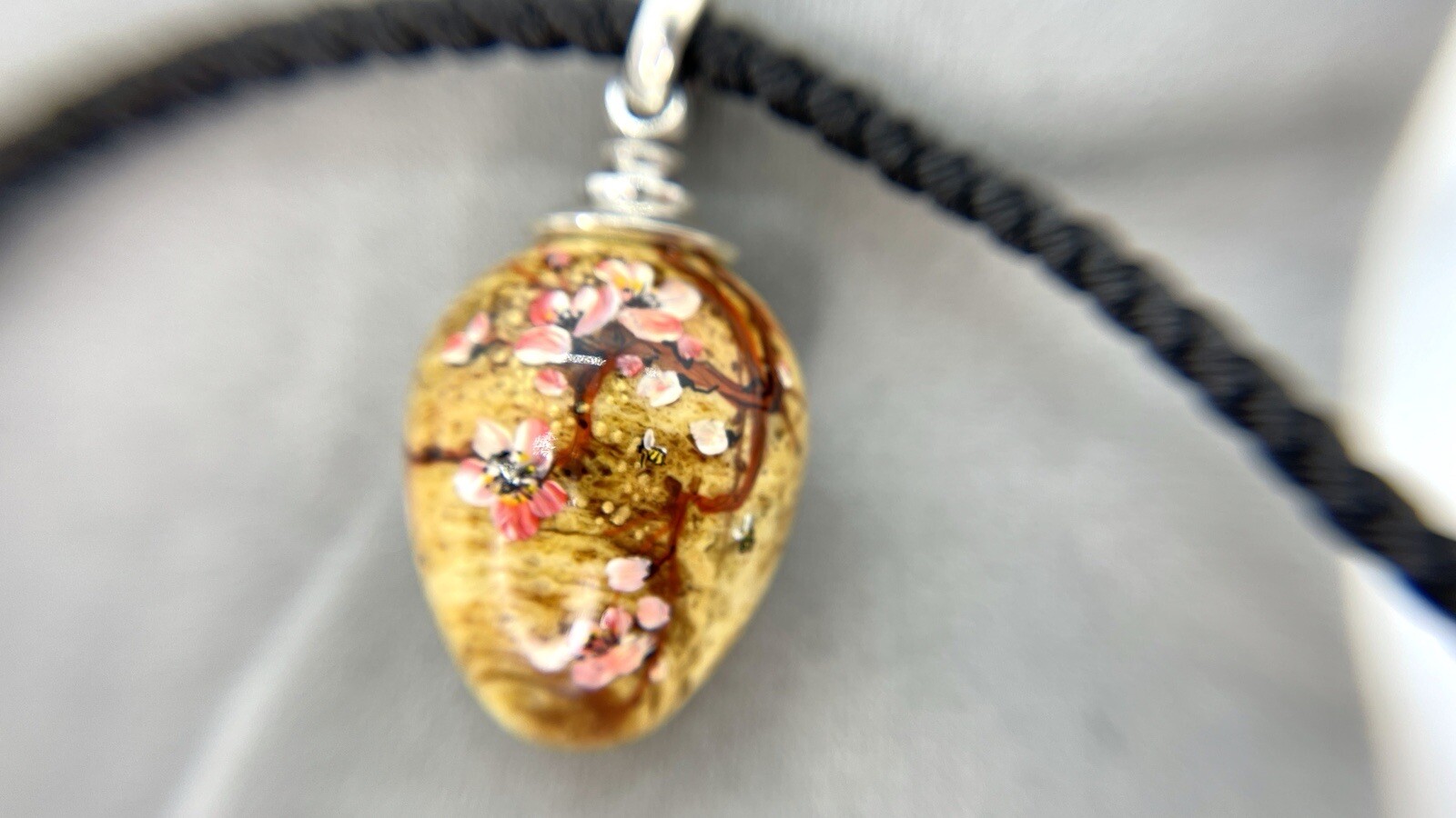 Sakura Tree Flowers Pendant Amber Silk Black Necklace Art Work Handmade Gift Jam