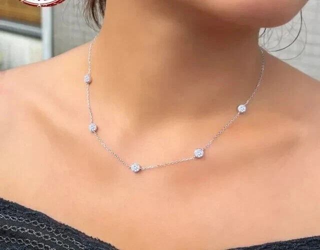 14k Gold Round Cut Natural Diamond By The Yard Bezel Station Necklace 18″