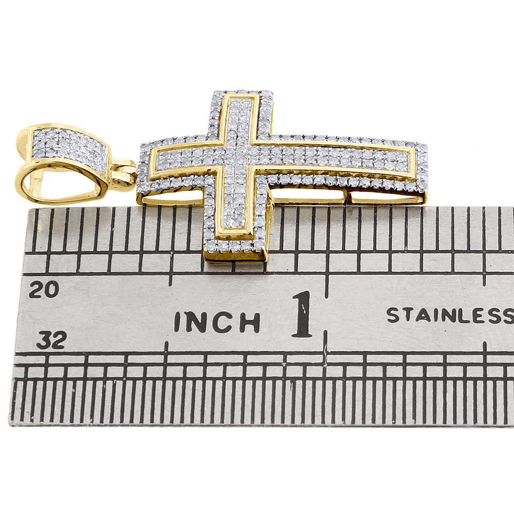 Diamond Cross Pendant Yellow Gold Dome Pave Charm 0.42 Ct. & Box Chain Necklace