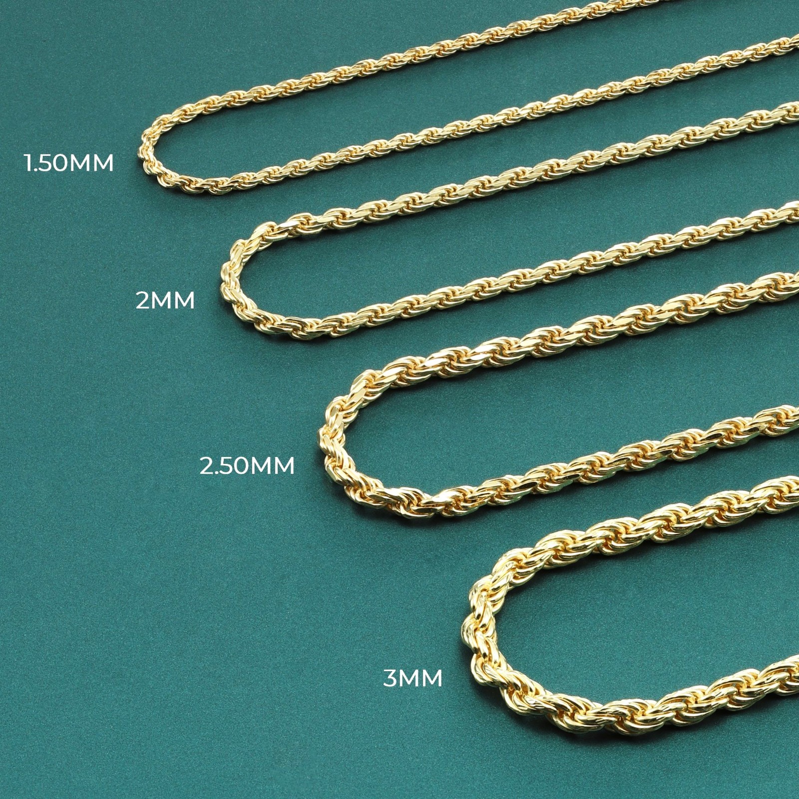 Gold 1.5mm-3mm Rope Chain Italian Pendant Necklace 18″-26″ 925 Sterling Silver