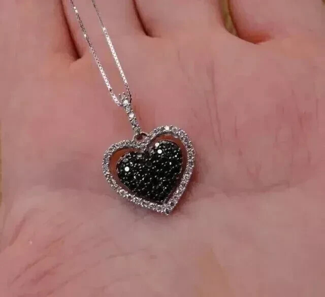 14K White Gold Plated Round 2Ct Lab Created Black Diamond Women’s Heart Pendant