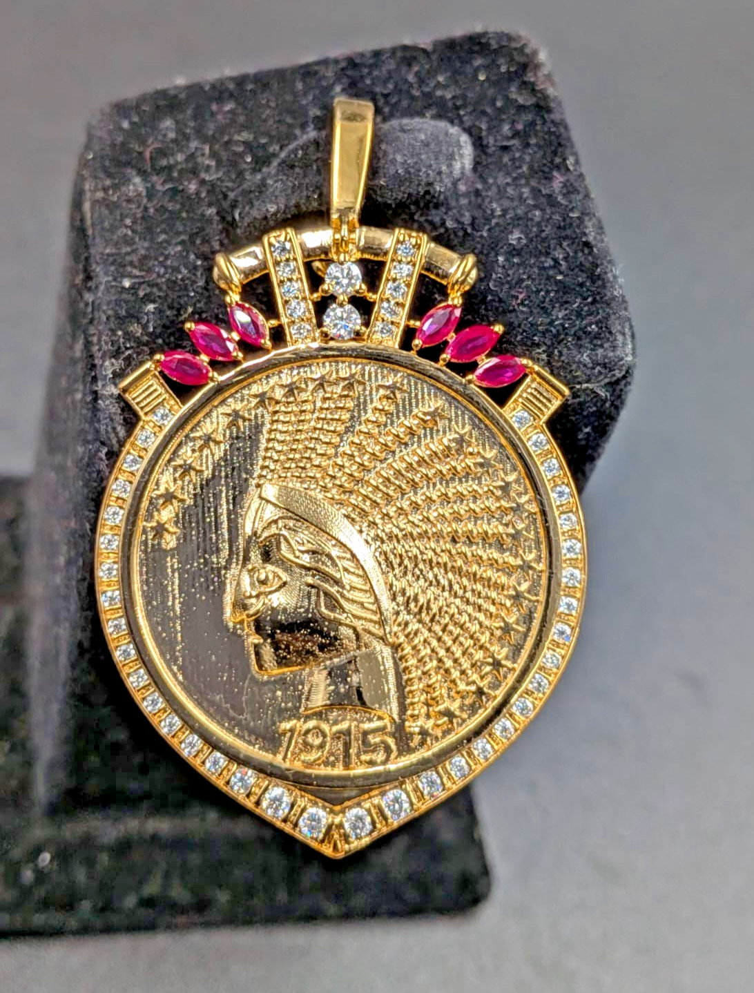1915 US Ten Dollar Indian Head Coin Pendant With Chain 14k Yellow Gold Plated