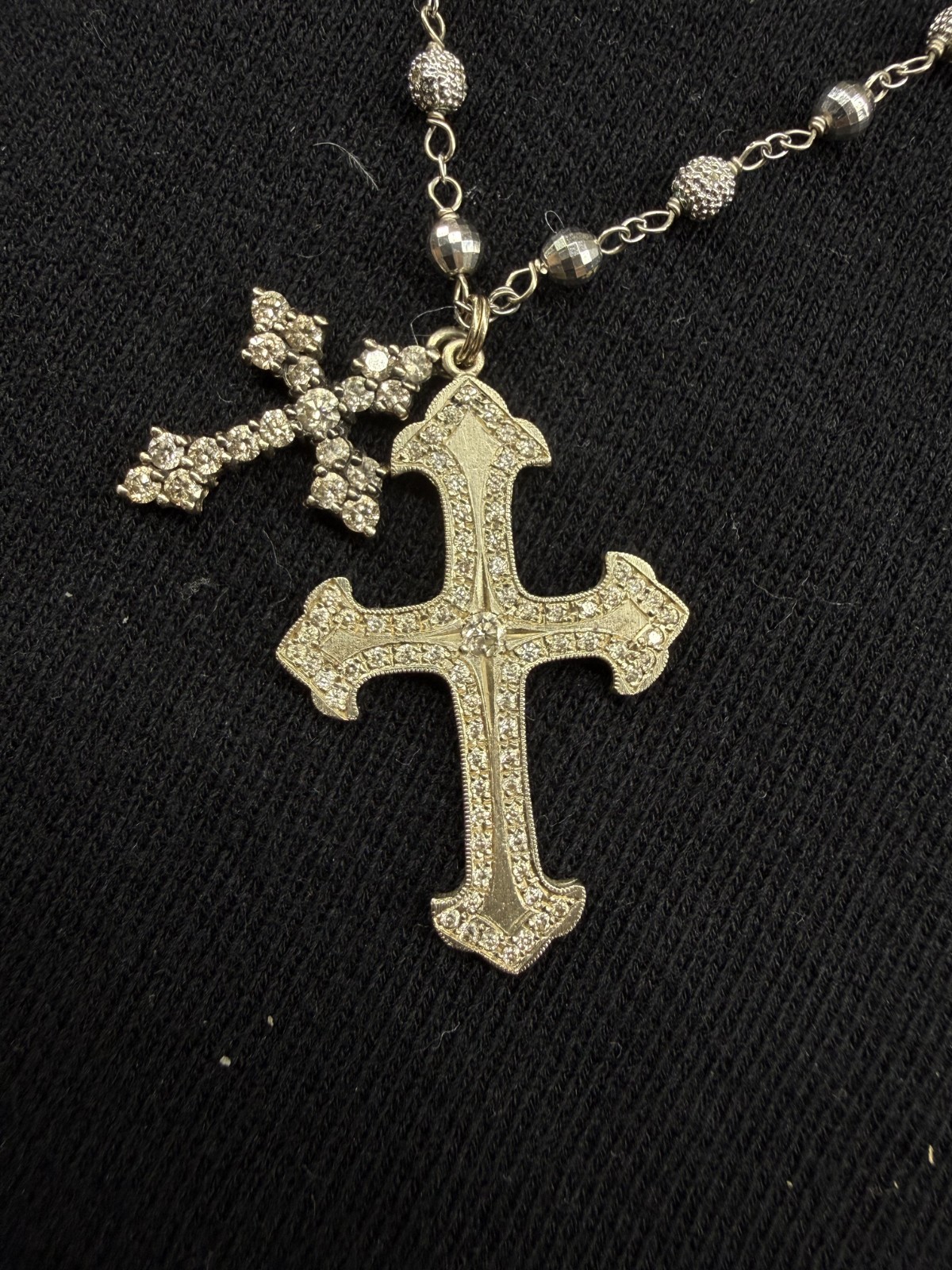 Devon Paige McCleary 14K Gold Diamond Double Cross Necklace Designer Signed
