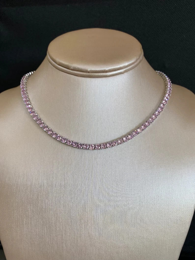 20CTW Round Cut Lab Created Pink Diamond Tennis Necklace 14k White Gold Plated