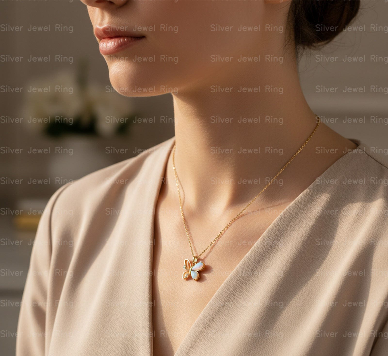 Silver Jewel Ring 925 Sterling Silver White Opal Butterfly Pendant Necklace Her