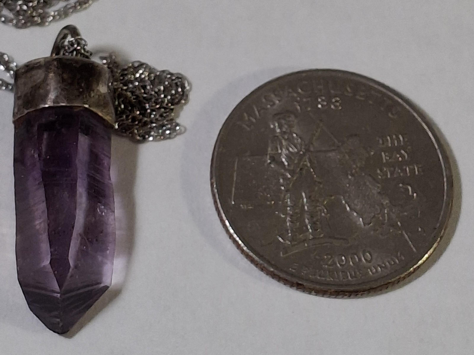 Vintage 925 Sterling Silver Raw Amethyst Point Pendant Necklace Crystal Obelisk