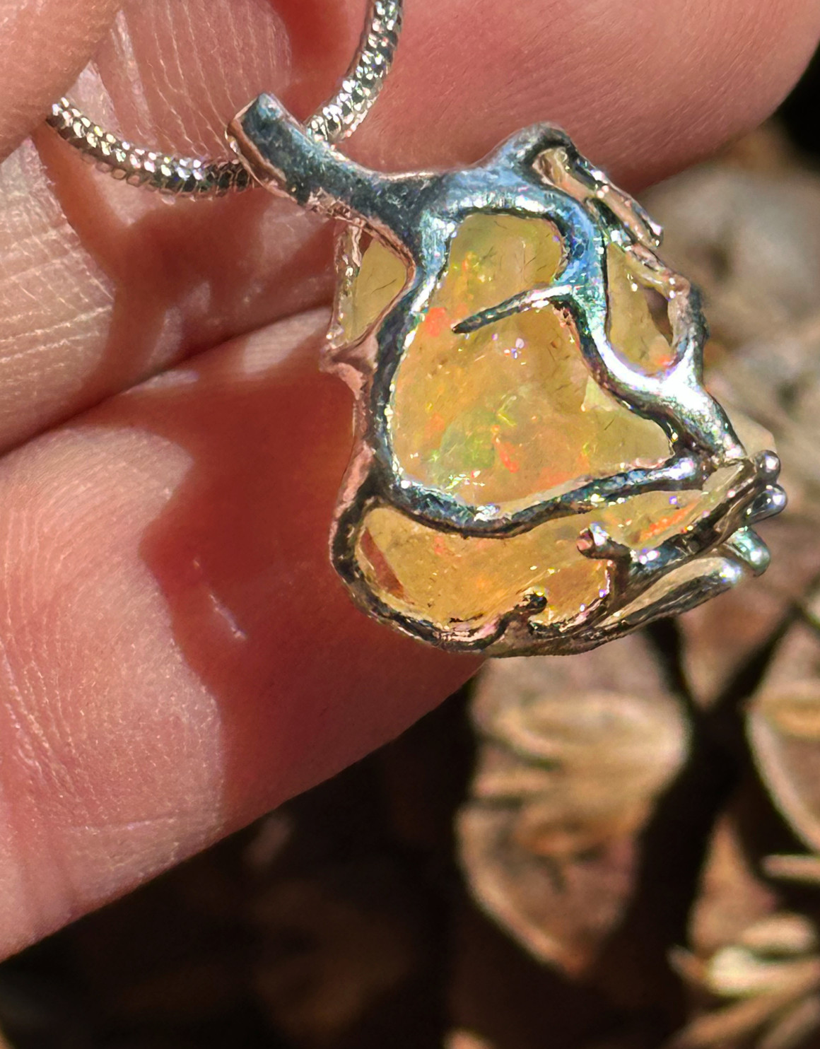 HUGE Fire Opal Silver Branches Necklace
