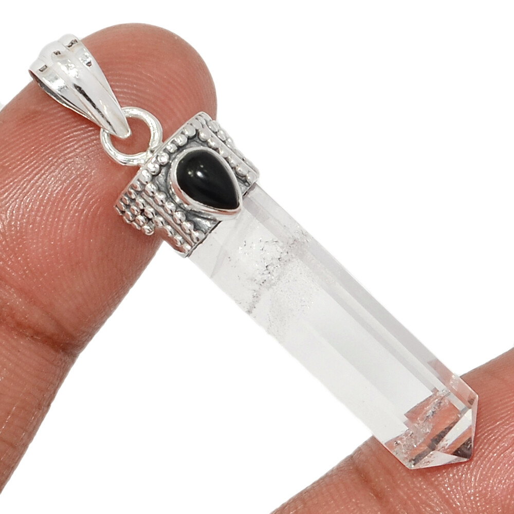 Natural Crystal Quartz Point & Black Onyx 925 Silver Pendant Point CP64184