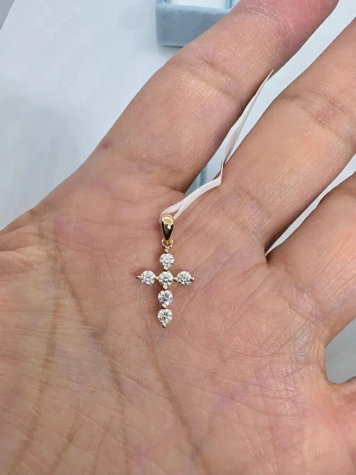 1Ct Round Cut Real Moissanite Cross Pendant 14K Yellow Gold Plated Silver