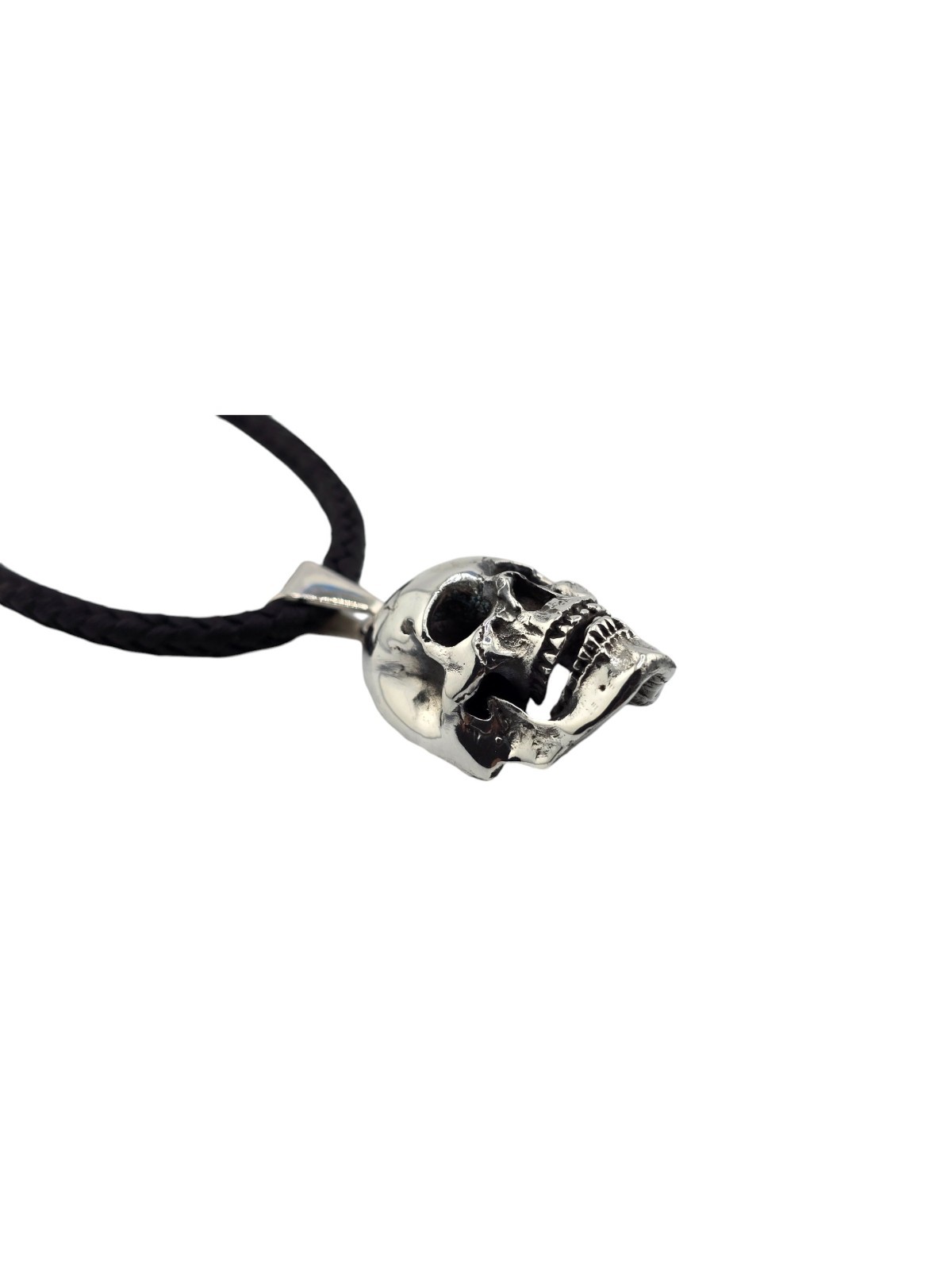 Handmade Solid 925 Sterling Silver Skull Pendant with Handwoven Leather Necklace