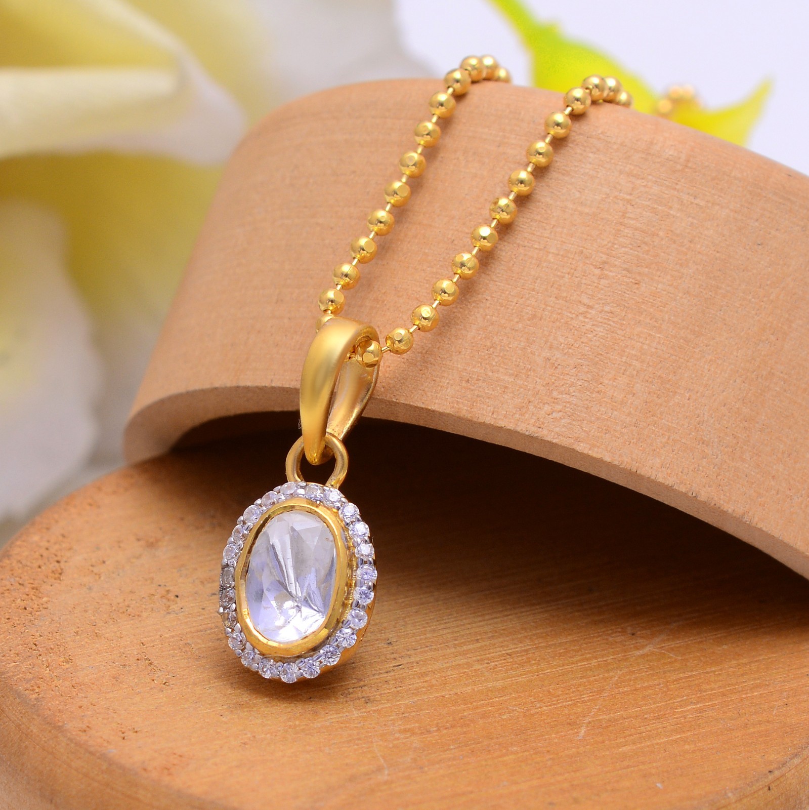 Oval Polki Diamond Pendant Gold Plated 925 Sterling Silver Halo Necklace for Her