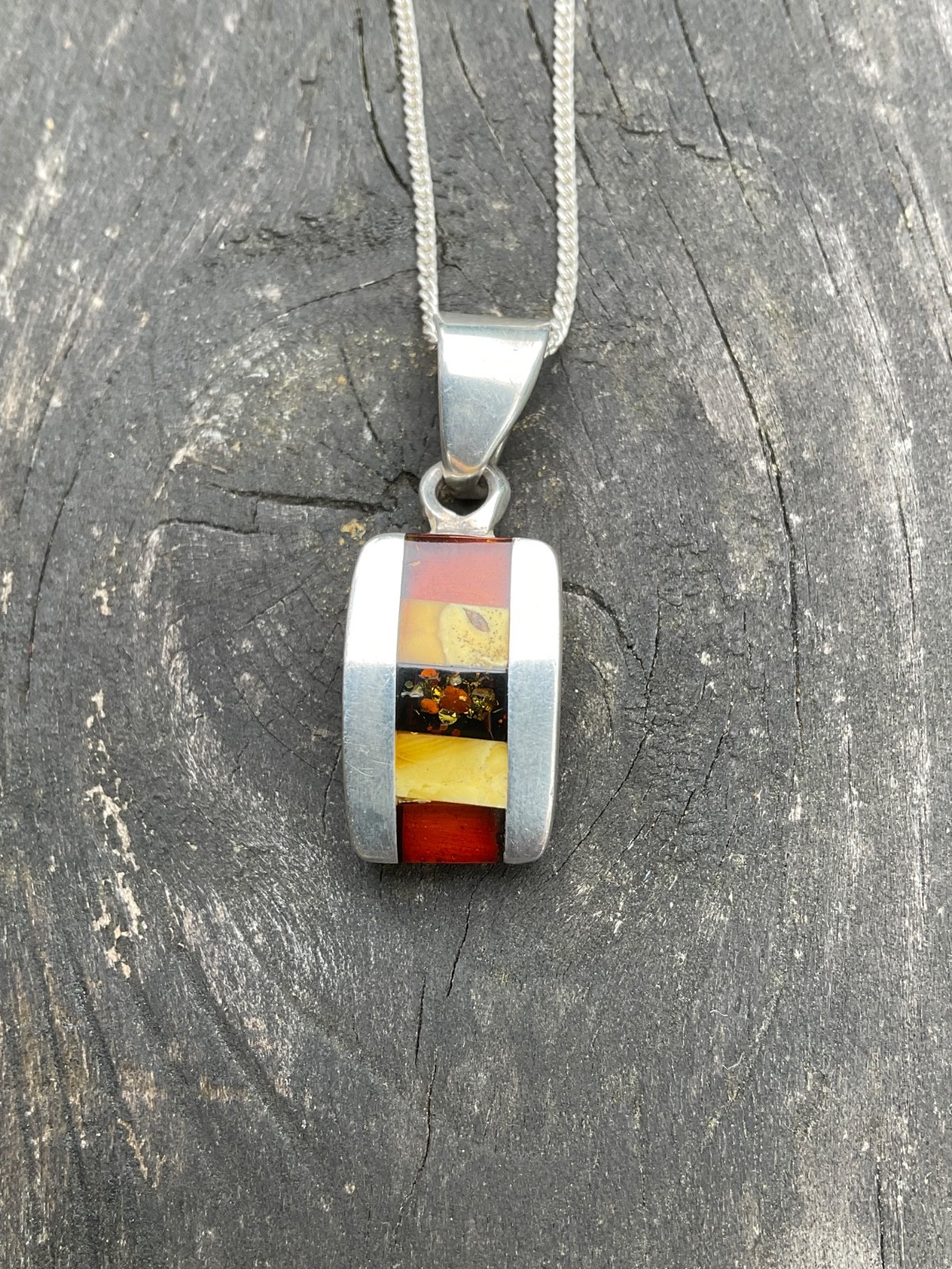 Sterling Silver Modernist Inlaid Baltic Milky Red Amber Pendant And Chain