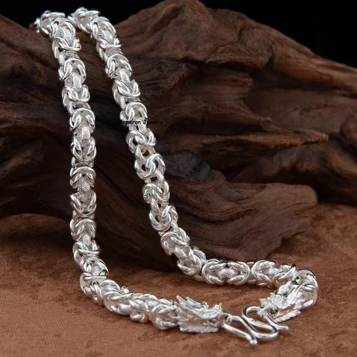 Pure 999 Fine Silver Dragon Head Link Chain Solid 6-9mm Byzantine Necklace