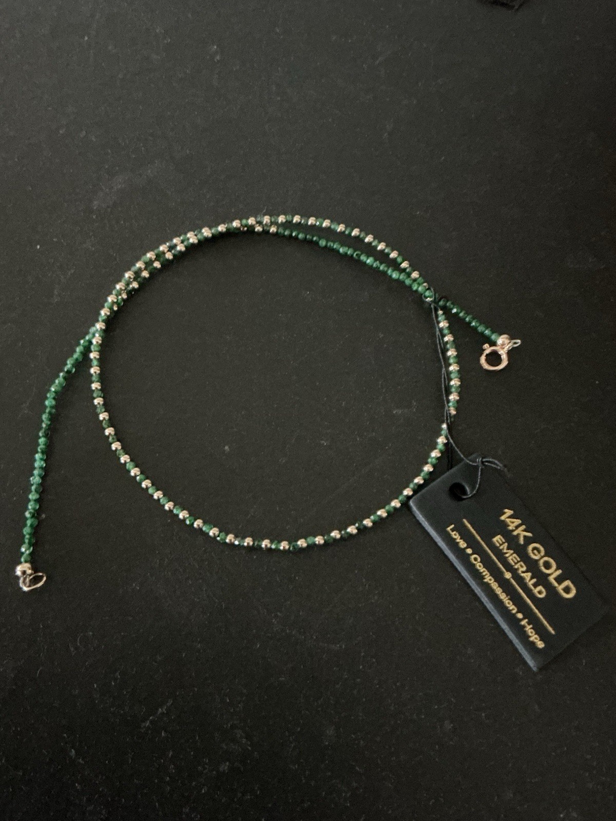 14K SOLID YELLOW GOLD 2MM BEADS WITH DELICATE 2MM FACETED EMERALD NECKLACE