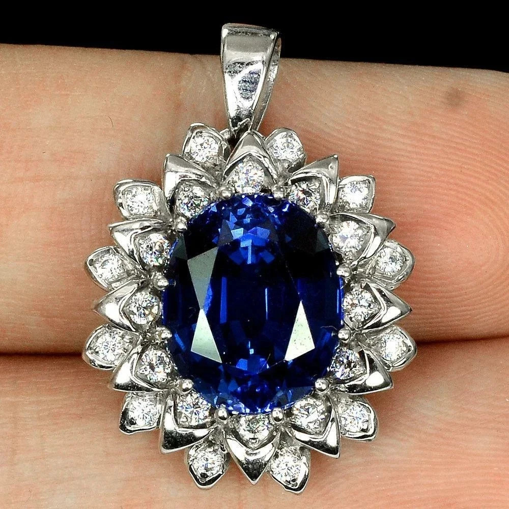 7.40Ct Oval Cut Natural Blue Sapphire & Diamond 14K White Gold Luxurious Pendant
