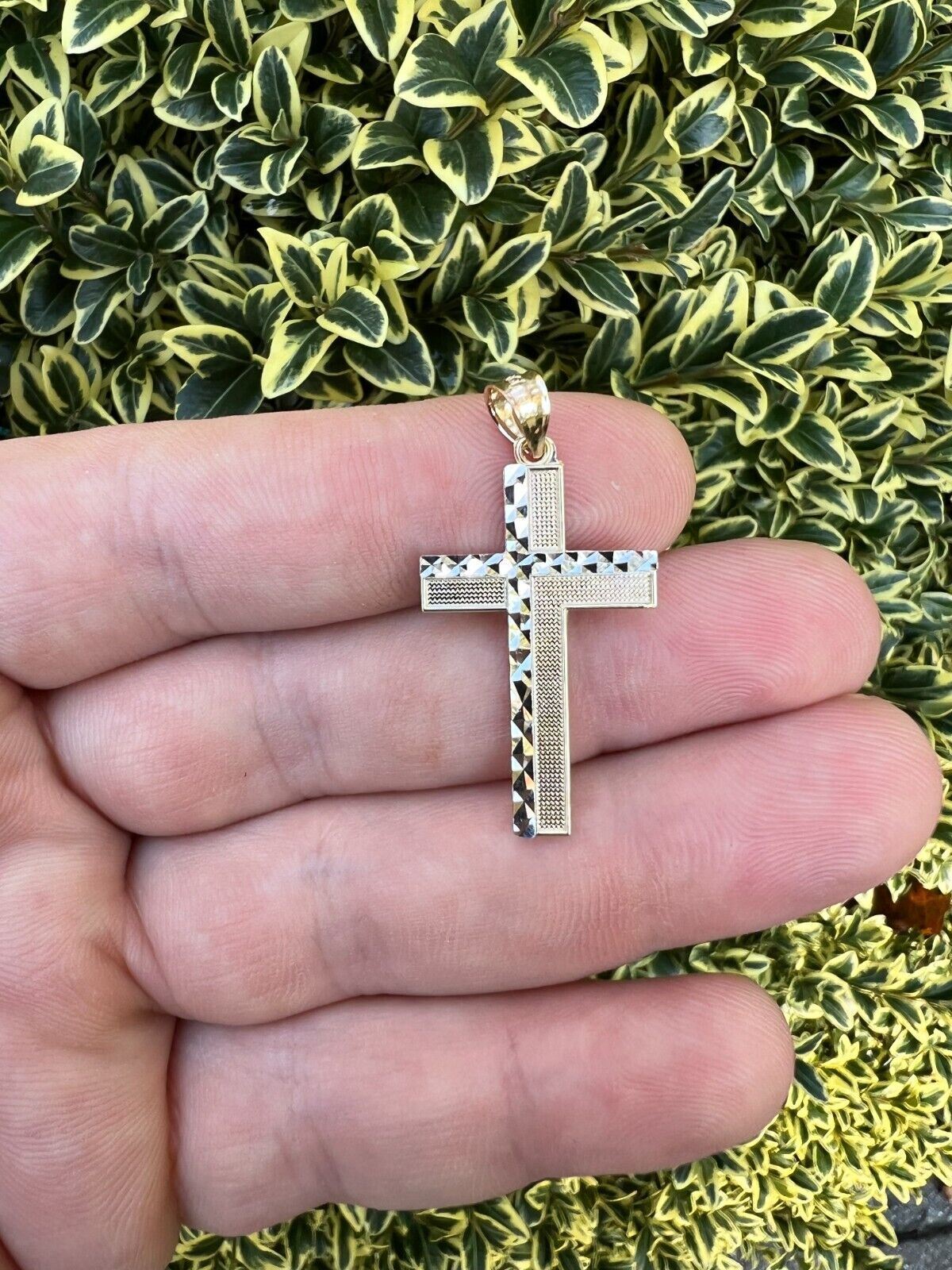 Real 14k Solid Yellow & White Diamond Cut Gold Cross Crucifix Pendant Necklace