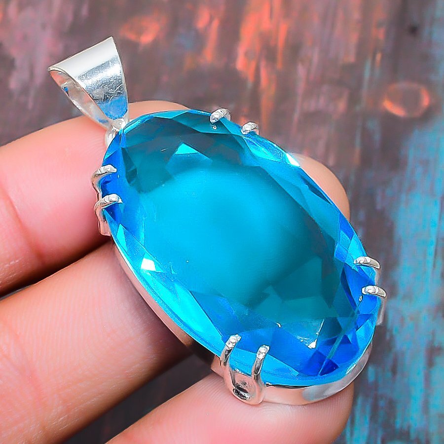 Swiss Blue Topaz Gemstone Handmade Gift Jewelry Pendant 1.97″ P100